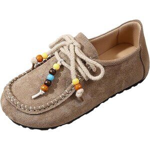 Women's Tan Beaded Round Toe Slip On Flats Walking Flats Slipper Shoes